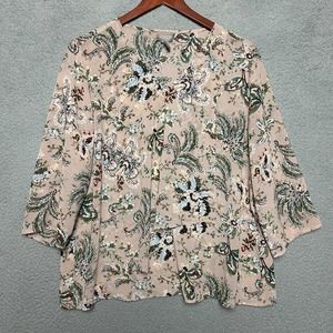 Chicos Shirt Women 2 Large Pink Floral 3/4 Sleeve Chiffon Flowy Semi Sheer